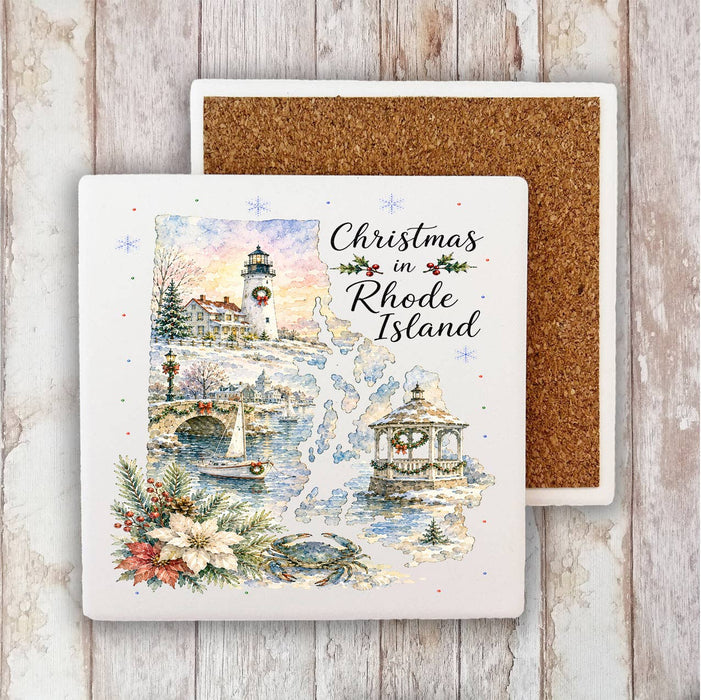 Christmas in Rhode Island State Map Stone Coaster