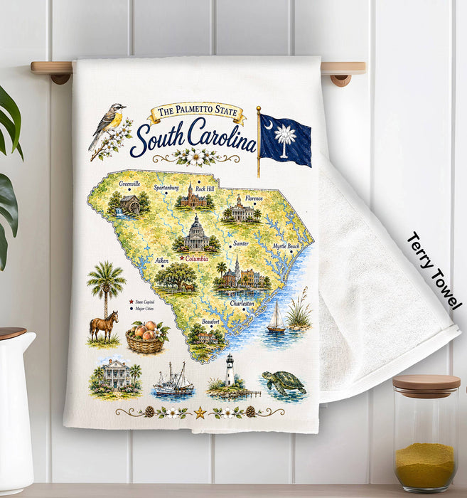 South Carolina State Map Landmark Kitchen Terry Towel