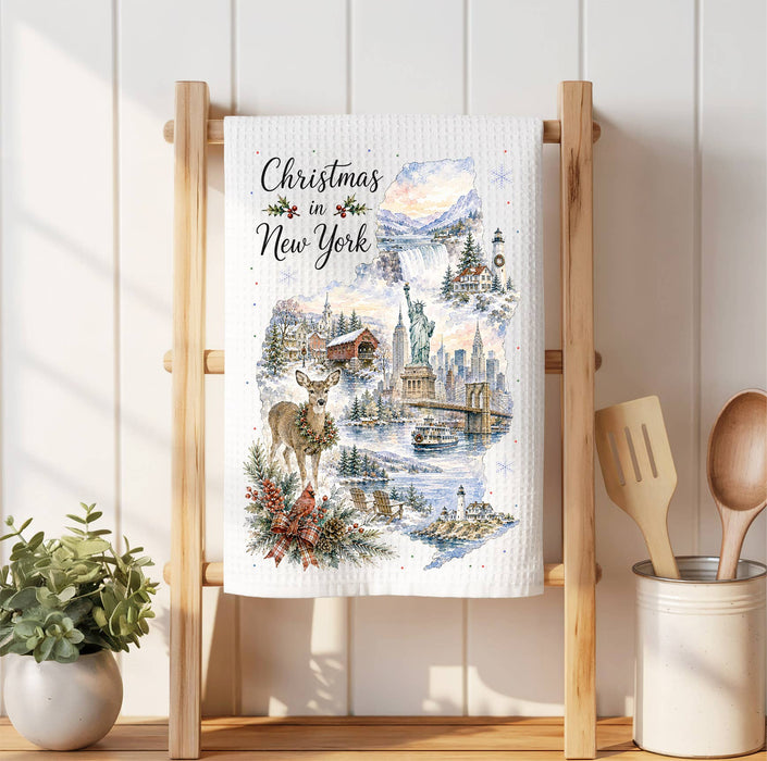 Christmas in New York State Map Waffle Weave Towel