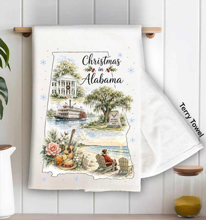 Christmas in Alabama State Map Kitchen Terry Towel