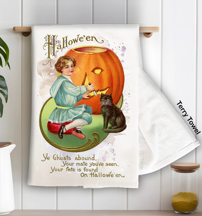 Halloween Vintage Pumpkin Black Cat Kitchen Terry Towel