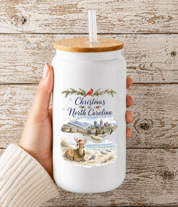 Christmas in North Carolina State Map Glass Cup