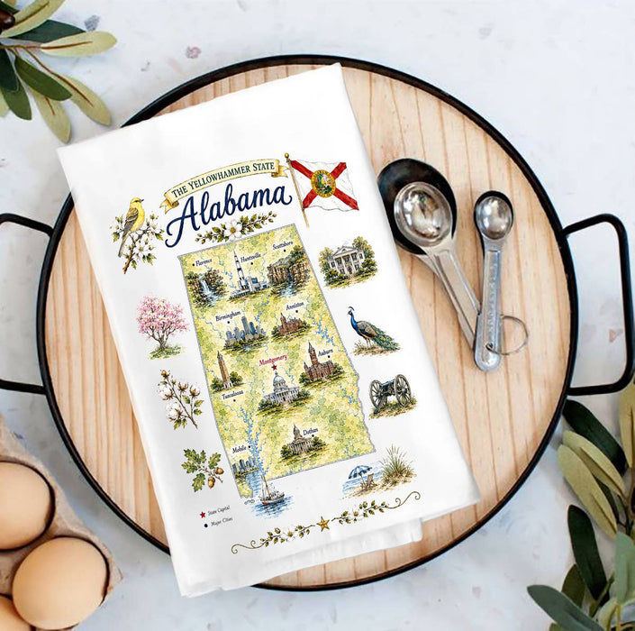 Alabama State Map Landmark Tea Towel