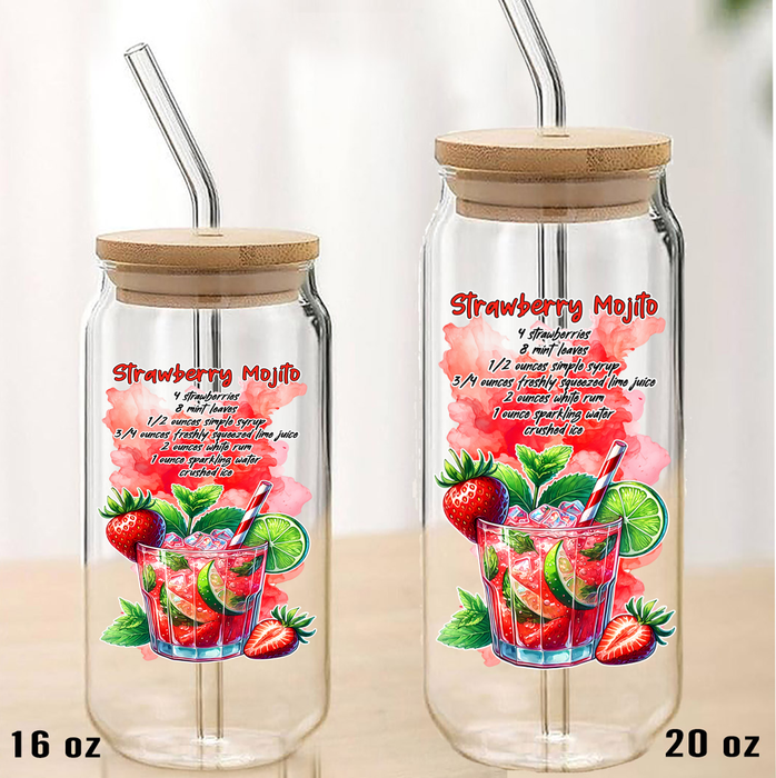 Summer Cocktail Strawberry Mojito Can Glass with Lid Straw