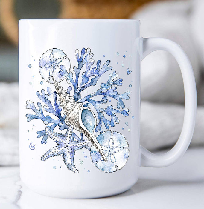 Coastal Blue Sand Dollar Sea Shells Coffee Mug