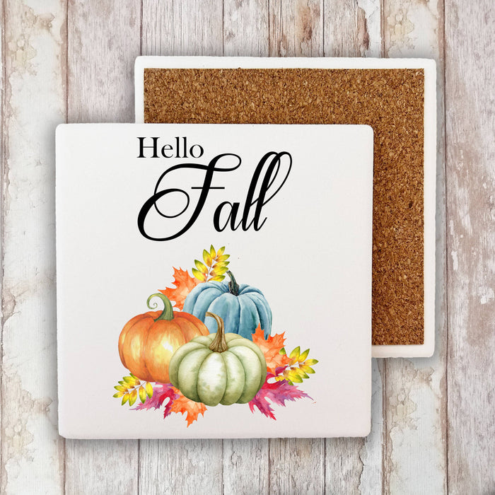 Hello Fall Autumn Colorful Pumpkin Stone Coaster