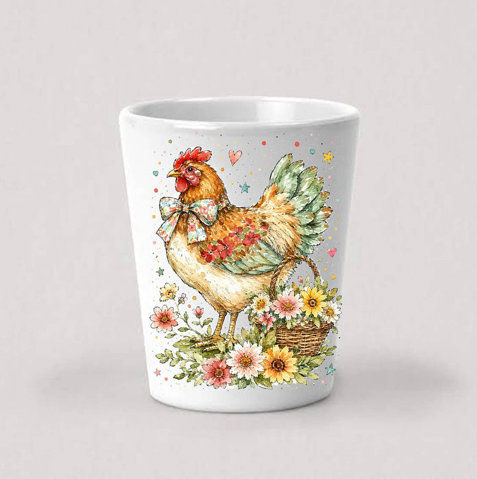 Watercolor Country Hen Flowers Shot Glass