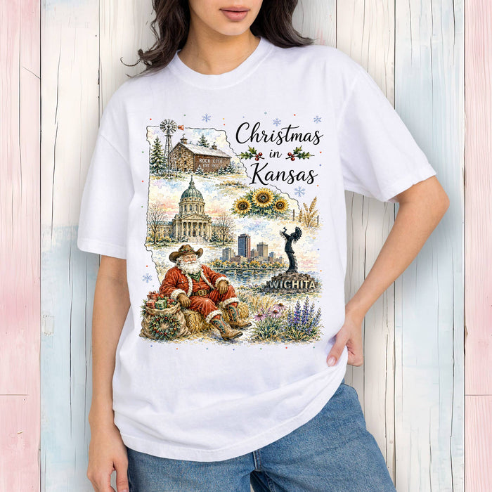 Christmas in Kansas State Map T-Shirt