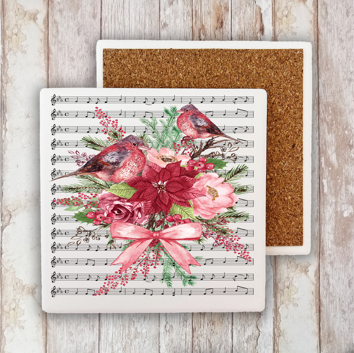 Christmas Red Cardinals Musical Notes Stone Coaster