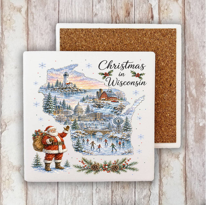 Christmas in Wisconsin State Map Stone Coaster