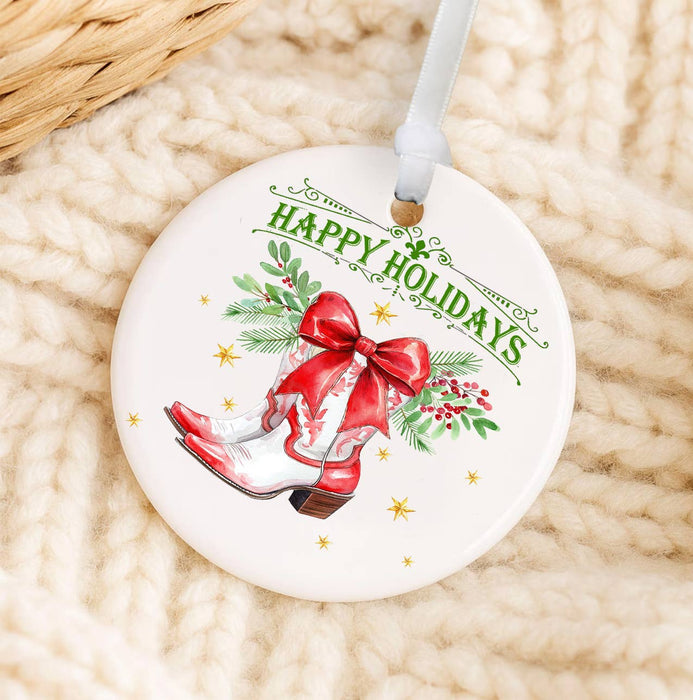 Christmas Happy Holidays Cowboy Boot Ornament