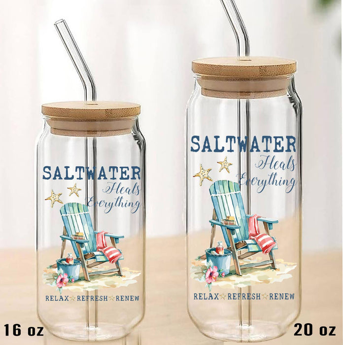 Coastal Saltwater Heals Beach Can Glass with Lid Straw