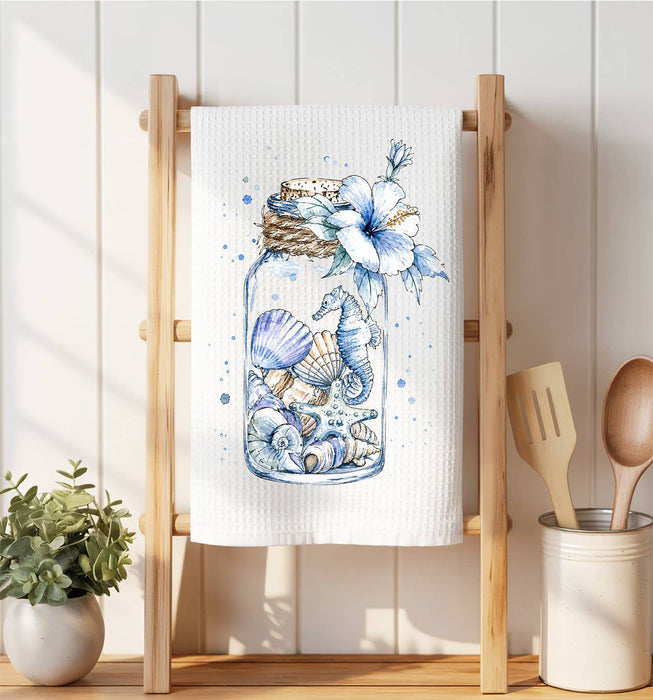 Coastal Blue Sea Shells in a Jar Waffle Weave Towel