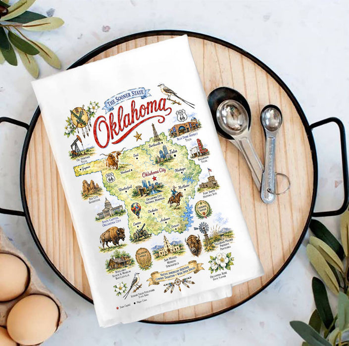 Oklahoma State Map Landmark Tea Towel