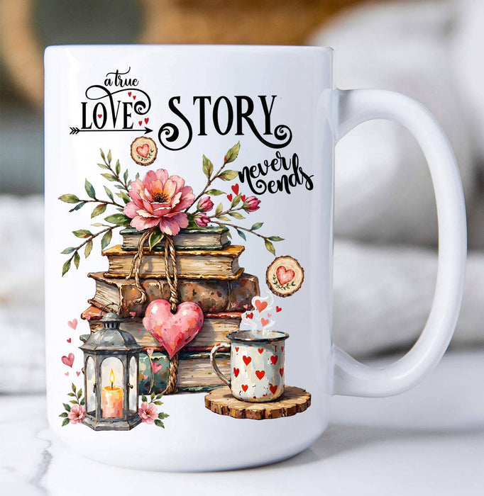 Love Story Never Ends Heart Coffee Mug
