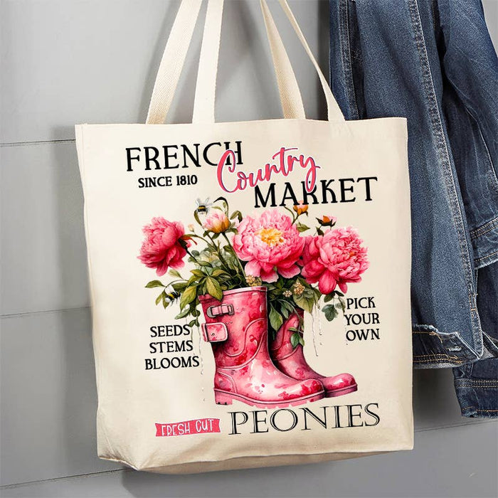 French Country Market Peonies Canvas Tote Bag