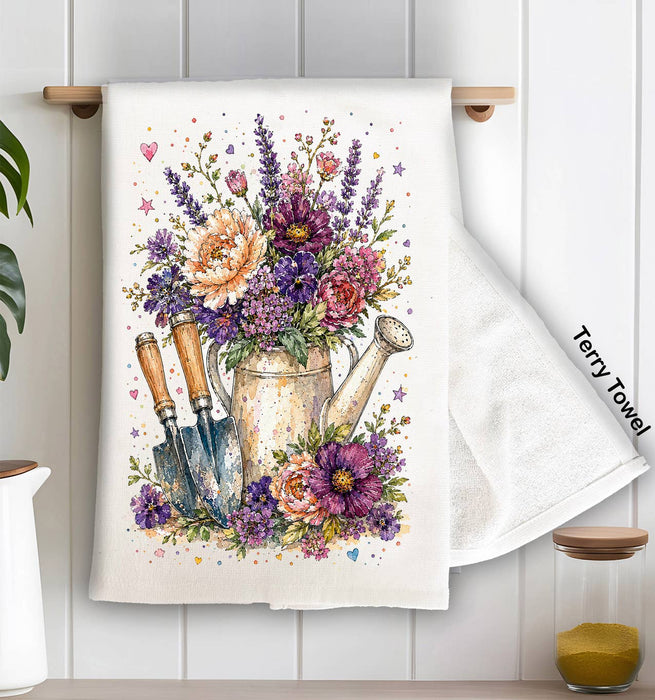 Watercolor Flower Watering Can Garden Kitchen Terry Towel
