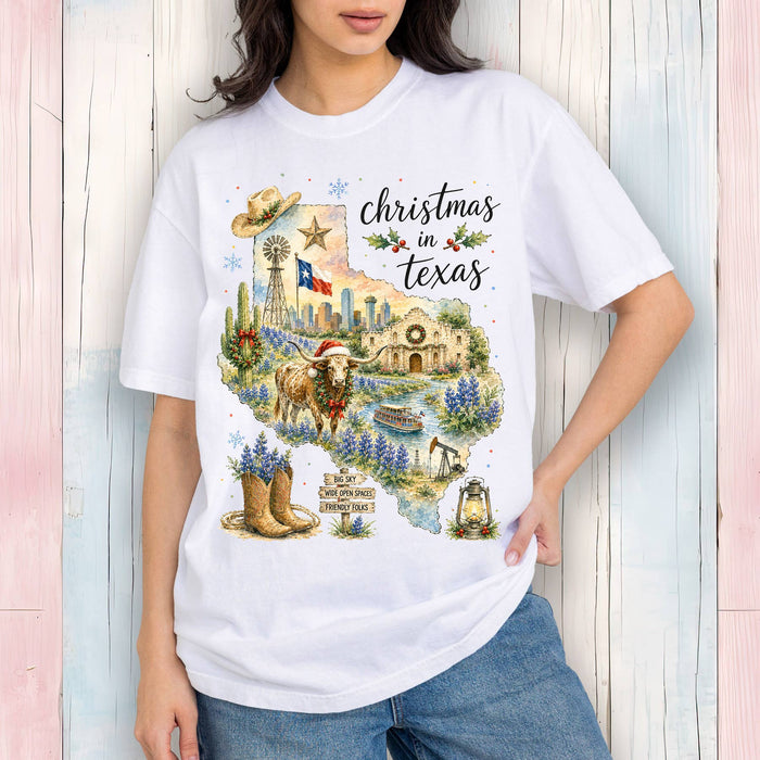 Christmas in Texas State Map T-Shirt