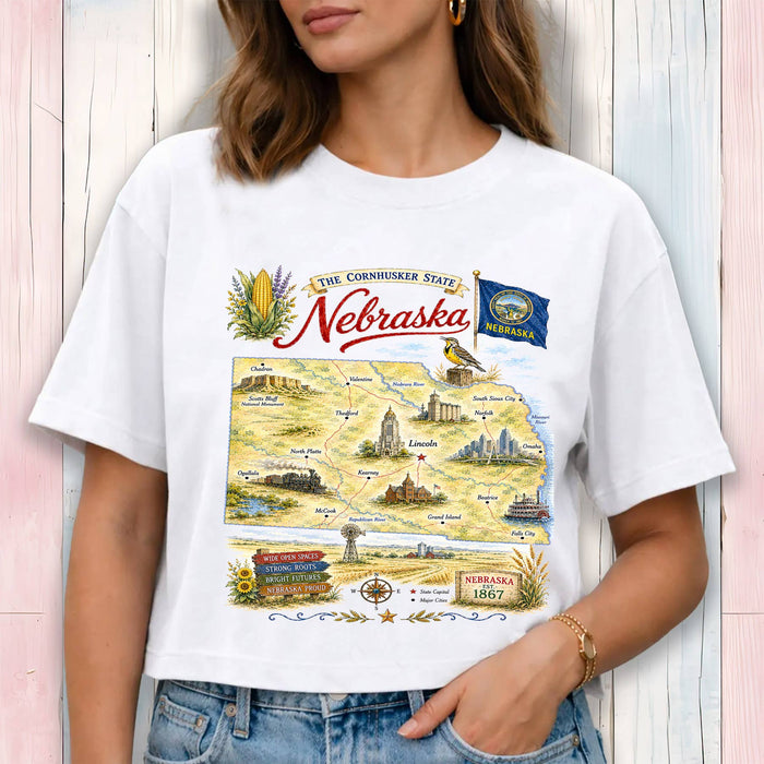 Nebraska State Map Landmark Cropped T-Shirt