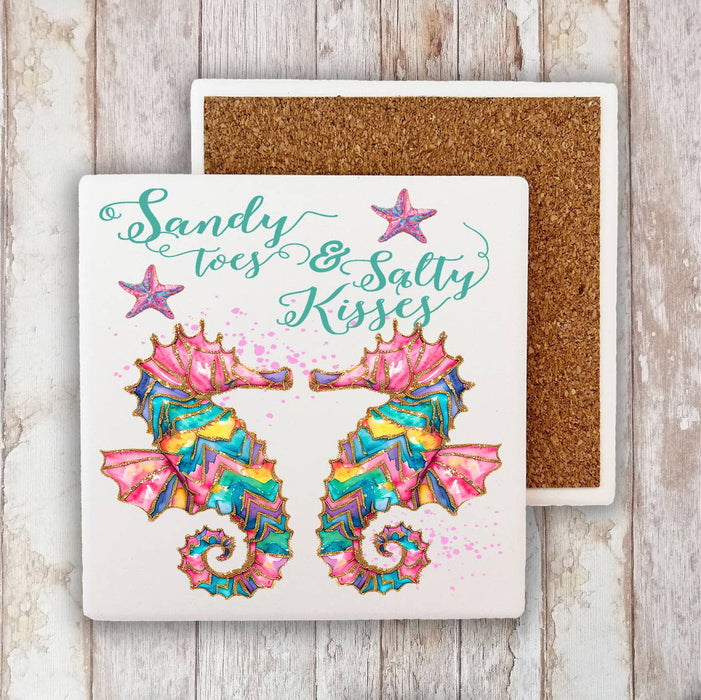 Seahorses Sandy Toes Salty Kisses Stone Coaster