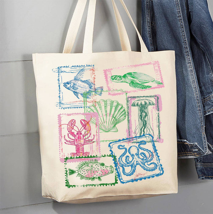 Coastal Beach Collage of Stamps Canvas Tote Bag
