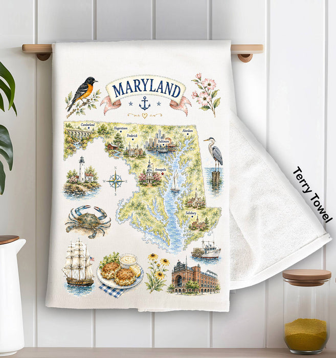 Maryland State Map Landmark Kitchen Terry Towel