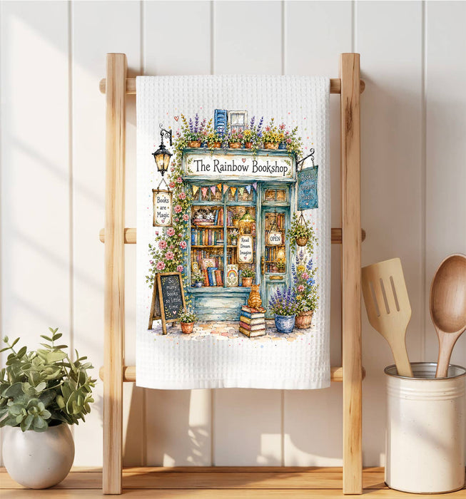 Whimsical Bookstore Bookshop Waffle Weave Towel
