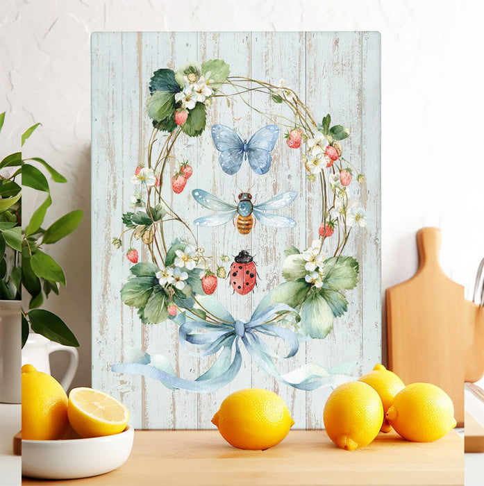 Strawberry Wreath Butterfly Ladybug Glass Cutting Board