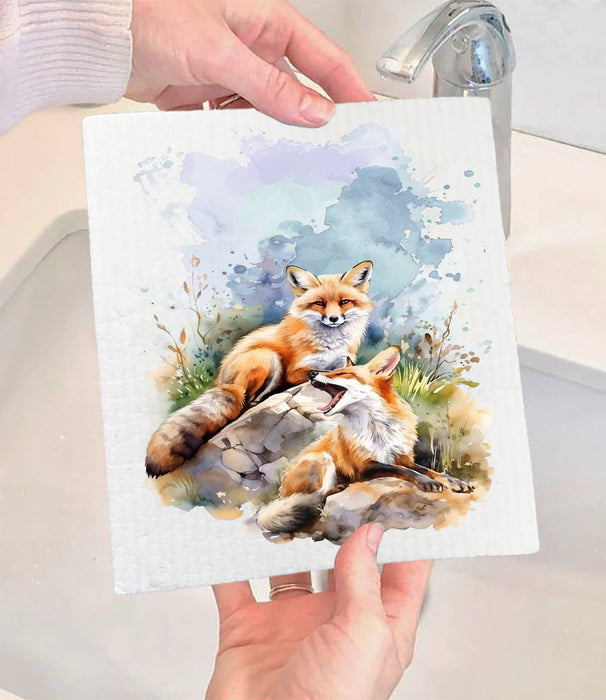 Fox Animal Resting on Rocks Swedish Dishcloth