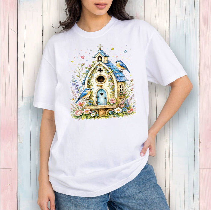 Watercolor Birdhouse Blue Flowers T-Shirt