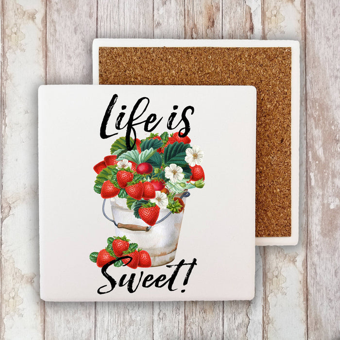 Life is Sweet Bucket of Strawberries Stone Coaster