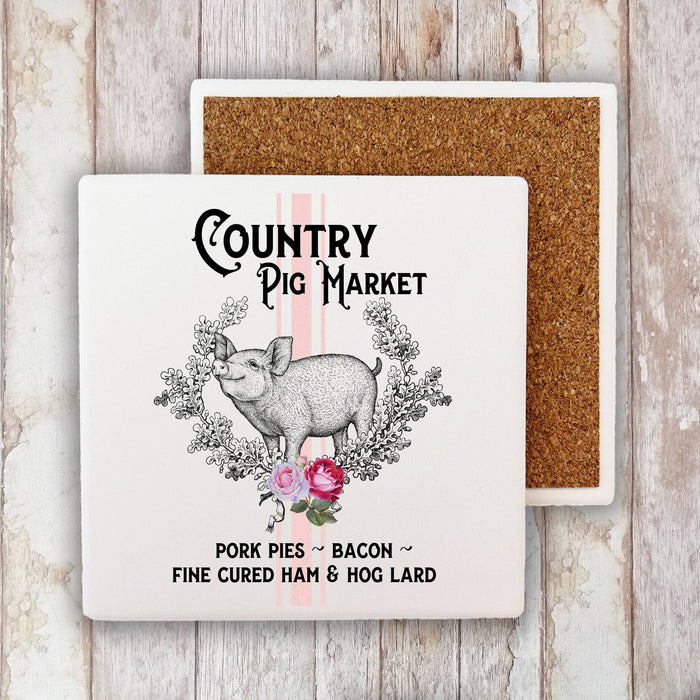 Vintage Country Pig Farmers Market  Stone Coaster