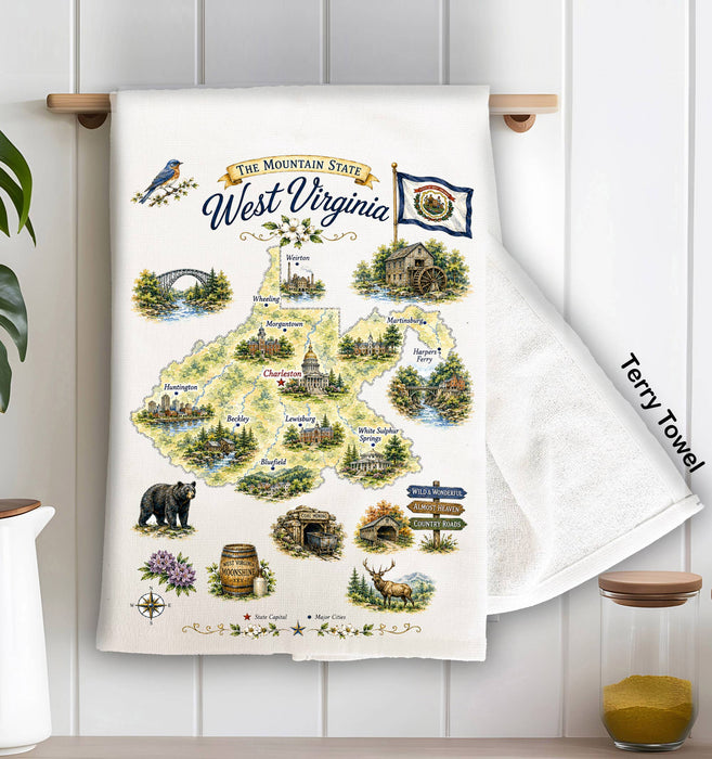 West Virginia State Map Landmark Kitchen Terry Towel