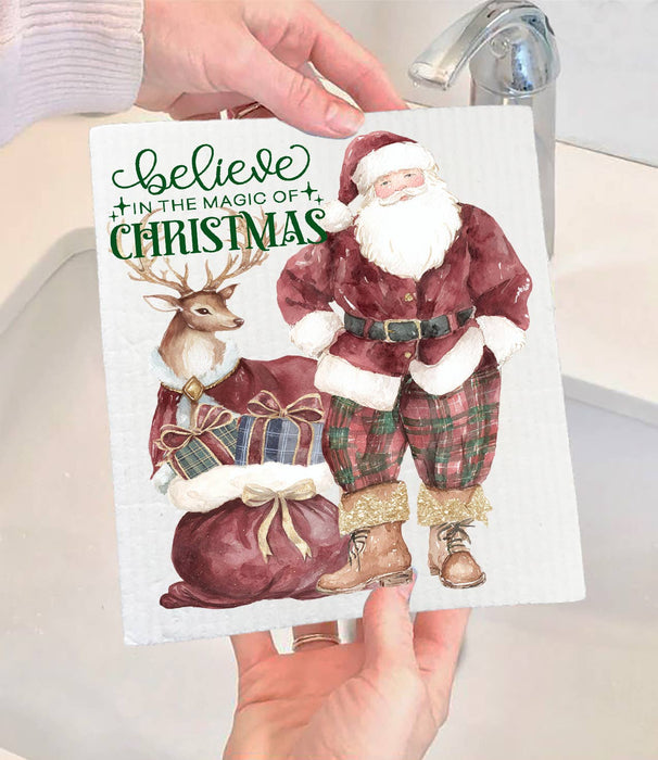 Christmas Santa Burgundy Velvet Swedish Dishcloth