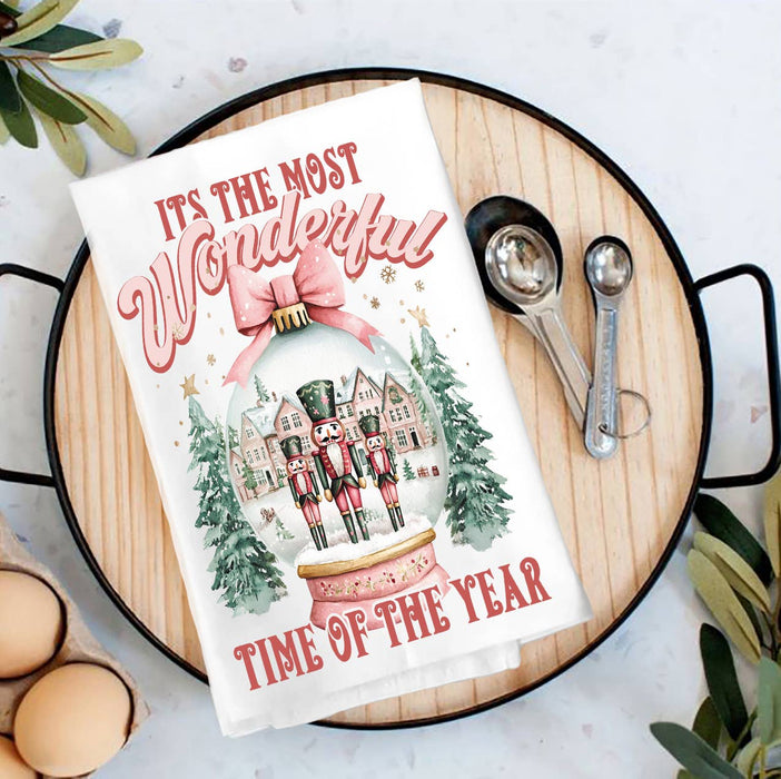 Pink Christmas Nutcracker Snow Globe Tea Towel