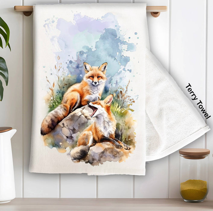 Fox Animal Resting on Rocks Kitchen Terry Towel