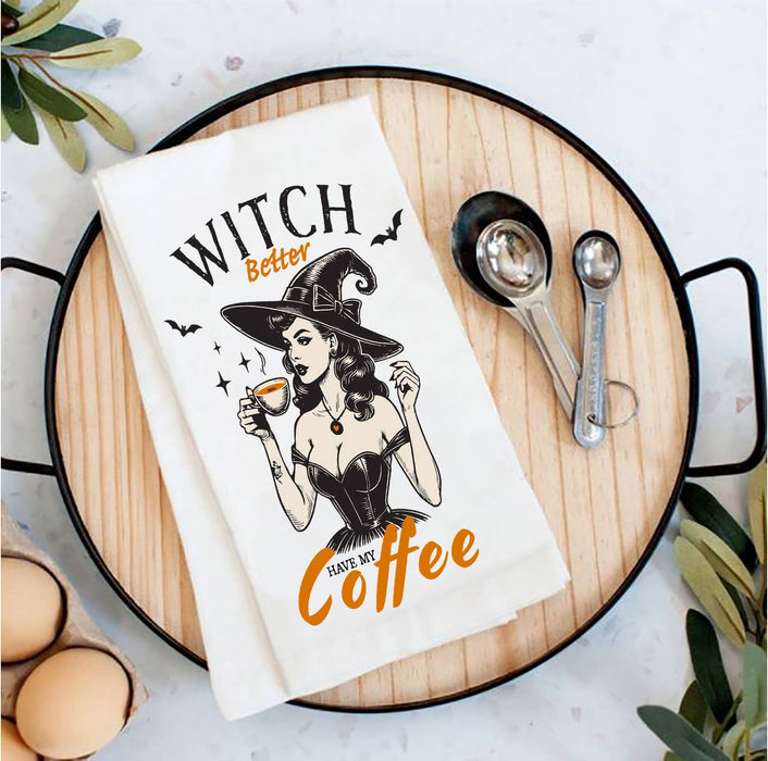 Halloween Retro Witch Better Coffee Tea Towel