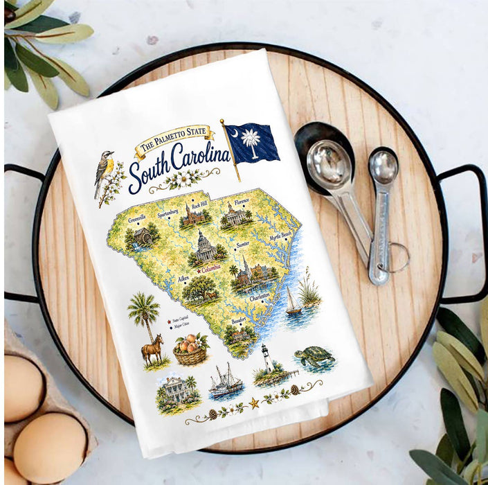 South Carolina State Map Landmark Tea Towel