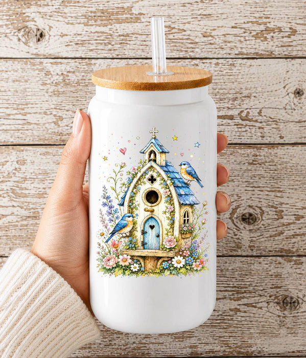 Watercolor Birdhouse Blue Flowers Glass Cup