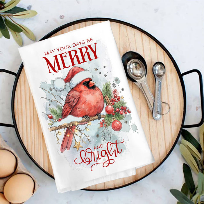 Christmas Days be Merry Red Cardinal Tea Towel