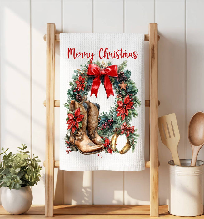 Country Christmas Poinsetta Western Waffle Weave Towel