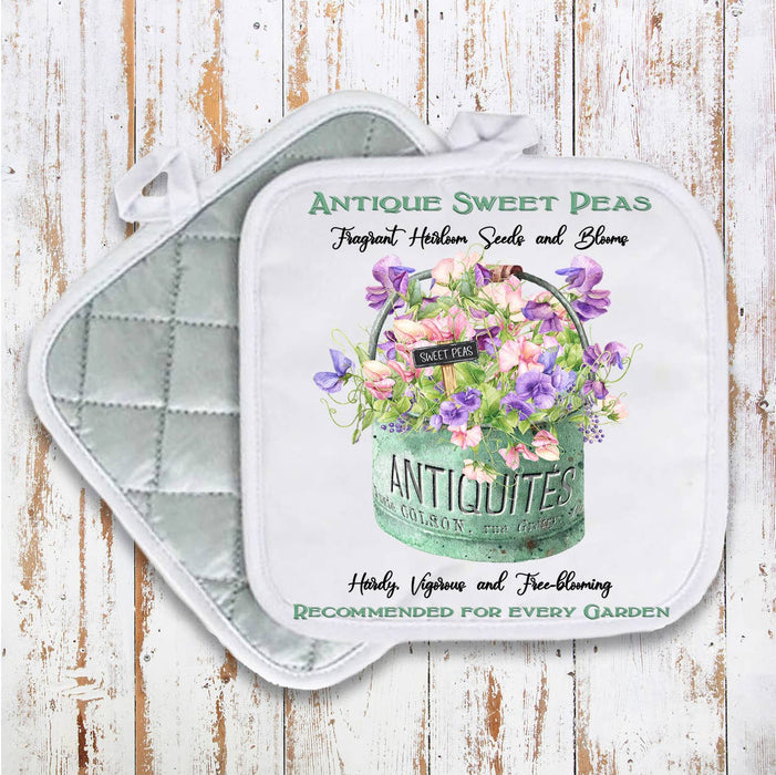Antique Sweet Peas Flowers Pot Holder Oven Mitt