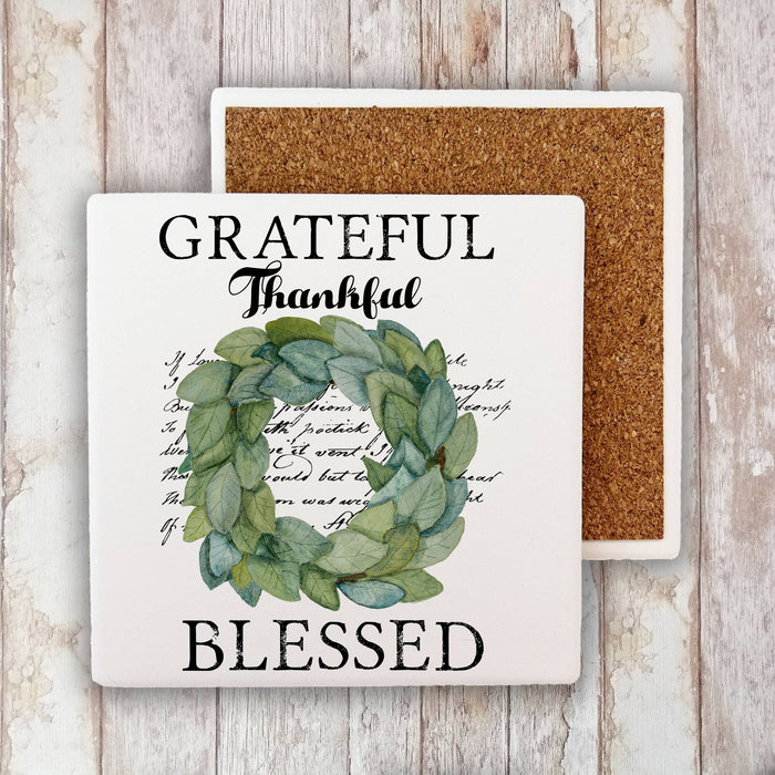 Grateful Thankful Blessed Wreath Stone Coaster