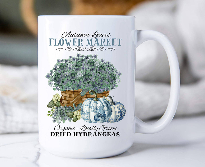 Autumn Blue White Pumpkins Hydrangeas Coffee Mug