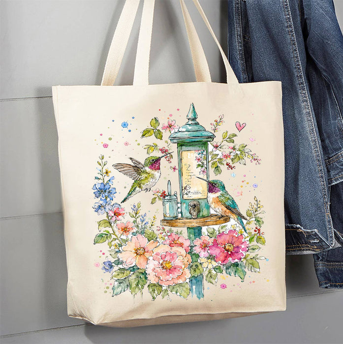 Spring Flowers Hummingbirds Canvas Tote Bag