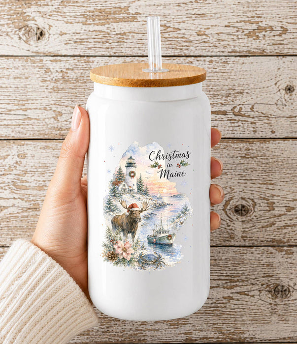 Christmas in Maine State Map Glass Cup