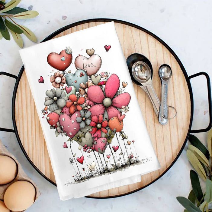 Valentine Whimsical Hearts Flowers Tea Towel
