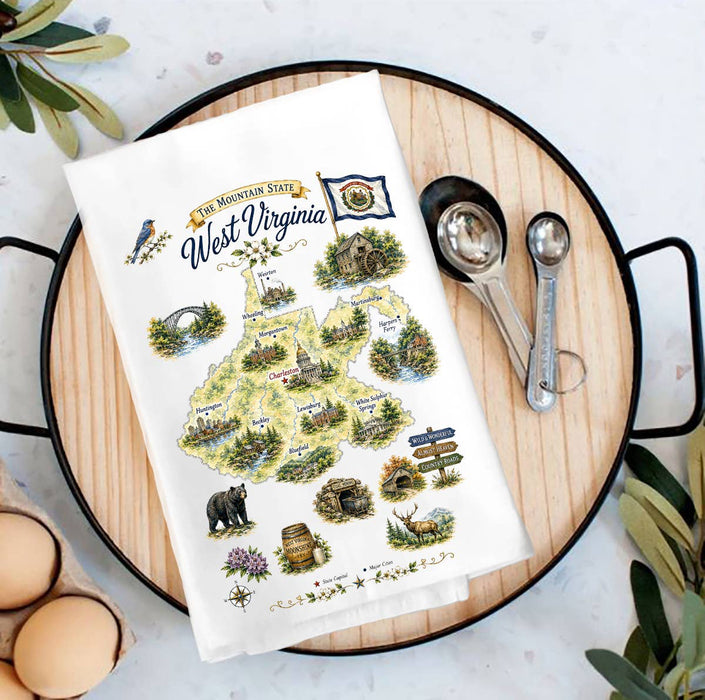 West Virginia State Map Landmark Tea Towel