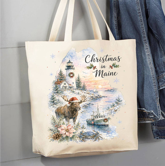 Christmas in Maine State Map Canvas Tote Bag