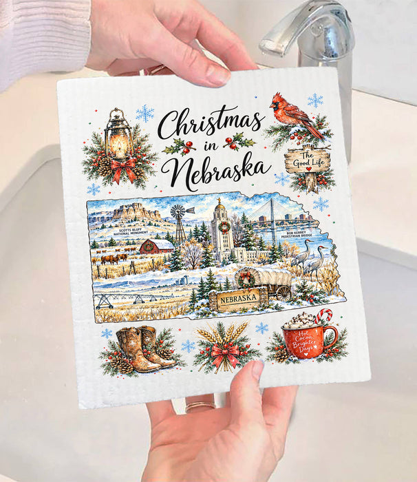 Christmas in Nebraska State Map Swedish Dishcloth